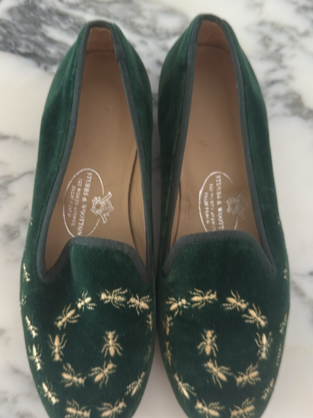 Stubbs & Wooton Green Velvet Embroidered Women's Loafers VINTAGE